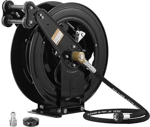 JOEJET Avvolgitubo auto-retrattile per idropulitrice, 15,7 m x 0,9 cm, in acciaio resistente, avvolgitubo a doppio braccio, 4000 PSI