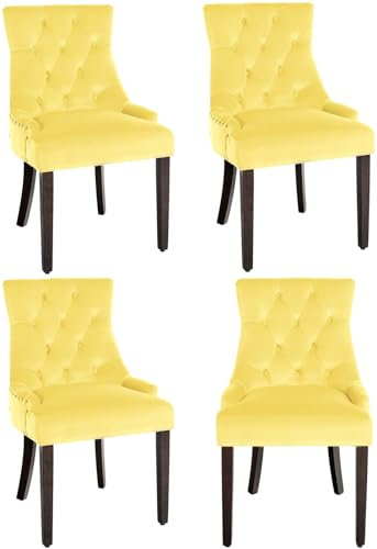 CLP 4er Set Esszimmerstuhl Aberdeen Samt I Mit Hochwertiger Polsterung Und Samtbezug I Polsterstuhl Mit Gestell Aus Kautschukholz, Farbe:gelb, Gestell Farbe:antik