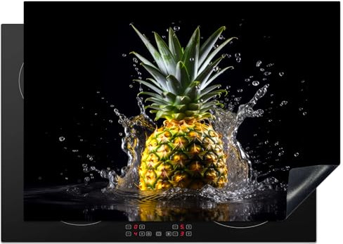 KitchenYeah© Protege Plaque Induction Deco Cuisine Accessoire Pratique | 75x52 cm - Protection De Vitroceramique Ananas - Fruit - Eau - Légume - Noir