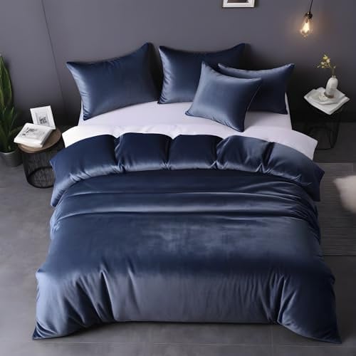 Cozyor Kuschel-Bettwäsche extra dick und weich Plüsch, robuster Reißverschluss 1x Deckenbezug 200x200 cm, 2X Kissenbezug 80x80 cm, 3-teilig, dunkelblau Ocean