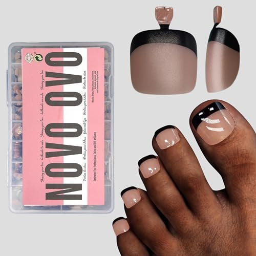 NOVO OVO Fake Toe Nail Tips Press on, Black French Tip Soft Gel Toenail Extension, BROWN PINK Square Round Pre-applied Tip Primer & Base Coat, Full Cover Matte False Nails for DIY x 15 Sizes 360Pcs
