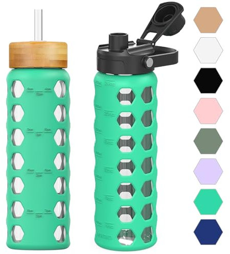 HYDRAGLAZIC 700ML Glaswasserflasche mit 2 Deckel Flip und Bambusstroh Deckel Sport Wasserbecher mit Zeiterinnerung und Silikonhülle Auslaufsicher BPA-frei, Grün