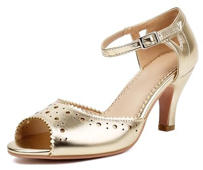 elerhythm Damen Mary Jane Vintage Knöchelriemen Wingtip Peep Toe Brogue Gatsby Heels Retro 1950er Pumps 1920er Jahre viktorianische Schuhe (Gold EU40)