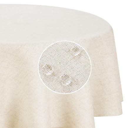 Deconovo Tischdecke Abwaschbar Wasserabweisende Tischdecken für Esszimmer Küche Wohnzimmer Garten Tischwäsche Lotuseffekt Tischtuch Leinenoptik pflegeleicht, Rund 140 cm, Creme, 1 Stück