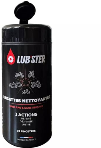 LINGETTES NETTOYANTES MOTO LUB'STER EVO • Qualité supérieure • 3 actions • Nettoie • Dégraisse • Lustre • Sans eau et sans rinçage • Lingettes ultra nettoyantes • Multi surfaces moto (30 lingettes)