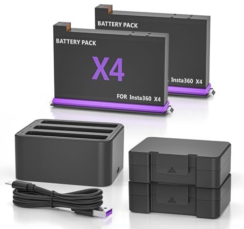 Battery Charger Set for Insta360 X4, 2 Pack 2500mAh Replacement 360X4 Batteries and 3 Channel Fast Charger Accessories Compatible with Insta 360 x4 Camera