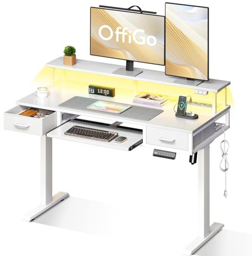 OffiGo Elektrischer Schreibtisch mit Schubladen, 120cm Höhenverstellbarer Schreibtisch mit Monitorständer, Computertisch mit Tastaturablage, Standing Desk mit Steckdosen und LED Lichtleiste, Weiß