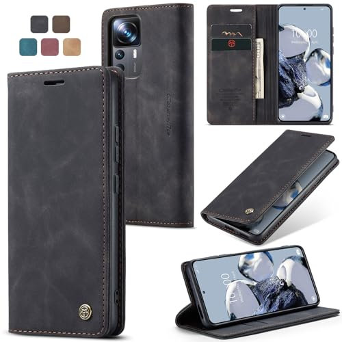 owlhold Hülle Xiaomi 12T/12T Pro klapphülle Premium Lederhülle Weiches Vintage-Nubukleder Faltbare Ständer Schutzhülle Kartenfach Standfunktion Handyhülle Xiaomi 12T/12T Pro/K50 Ultra - Schwarz