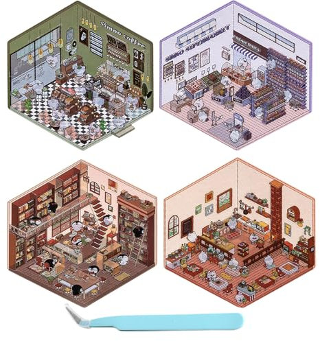 CQSVUJ 4 Sets DIY 3D House Stickers, Fun DIY Stickers Scene Make Your Own Supermarket|Coffee Shop|Restaurant|Bookstore, Cute Korean Cartoon Cat Stickers for Adult Kids Relief Stress Pass The Time (A)
