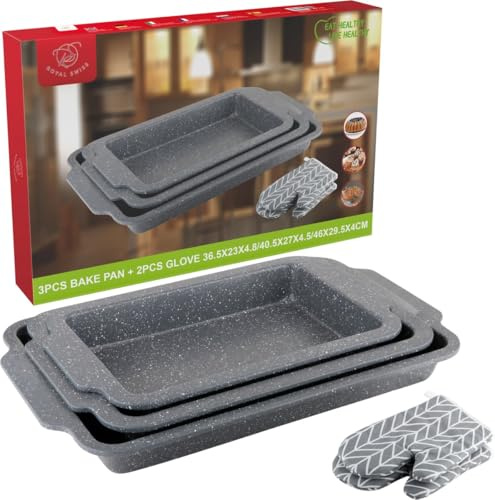 Royal Swiss 3-Piece Non-Stick Baking Tray Set with Handles – Heavy Duty Alloy Steel Oven Trays (36cm, 40cm, 46cm), Dishwasher Safe, Grey