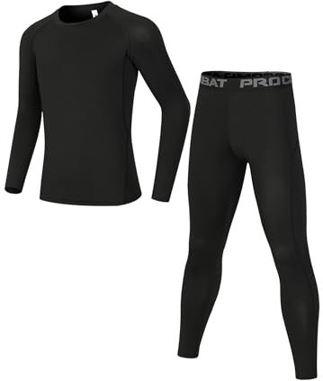 Dtone Kids Athletic Base Layer Set Boys Thermal Long Sleeve Top and Leggings for Football Sport Ski Black 12-13 Years