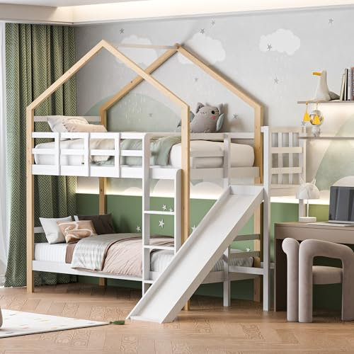 RWUDV Etagenbett für 2 Kinder, Kinderbett Etagenbett 90 x 200cm, Kinderbett Baumhaus mit Leiter und Rutsche, Hochbett für 2 Kinder, Massivholz Funktionsbett Stockbett Jugendbett