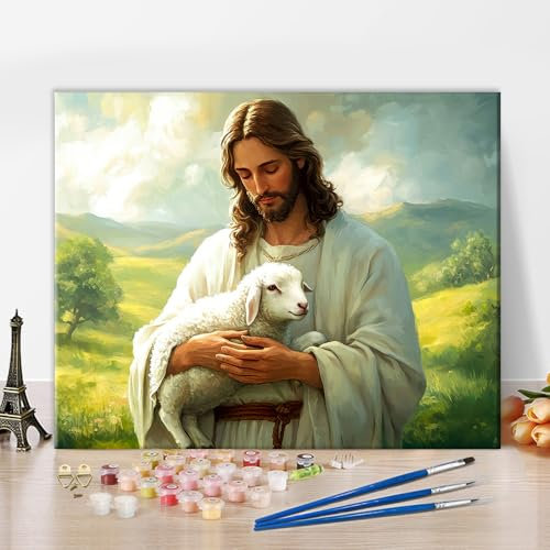 Kit de peinture par numéros pour adultes Jésus tenant un agneau dans ses bras Peinture par numéros pour adultes Salut chrétien Peinture par numéros sur toile Peinture à l'huile Artisanat 40,6 x 50,8