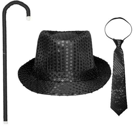Freebily Pailletten Fedora Hut Krawatte Magic Stock Set Party Tanz Jazz Hut Glänzend Schlips Gehstock Dance Disco Fasching Requisiten Schwarz One Size