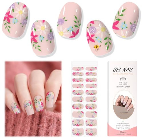 EBANKU Semi Cured Gel Nail Strips, 20PCS Gel Nail Stickers Long Lasting - Easy to Apply & Remove for Salon-Quality Pedicure - Pink Flower
