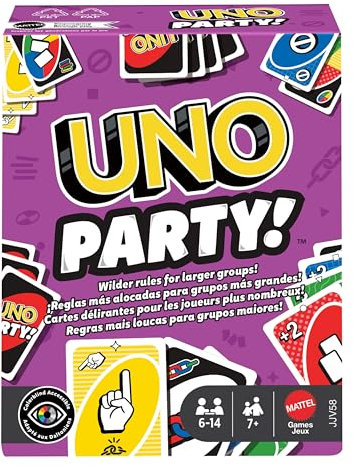 Mattel UNO Jeu de Cartes avec cartes et règles spéciales, pour les grands groupes, à jouer entre petits et grands et en famille, 6 à 14 joueurs, dès 7 ans, JJV58