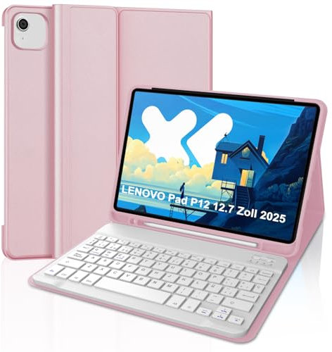 WINCHKING Custodia per tastiera Lenovo Tab P12 12.7 pollici 2025, tastiera magnetica rimovibile con layout QWERTZ, tastiera per tablet Lenovo Tab P12 (rosa)
