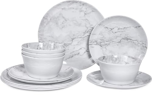12-Piece Melamine Dinnerware Sets, Modern White Round Dish Set for 4 - Serving Plates and Bowls Sets for Snack, Dessert, Salad, Soup, Pasta - White Marble Pattern