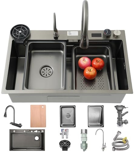 Fregadero de cascada, 70 x 50 cm, acero inoxidable, 1 placa, fregadero de cocina, incluye grifo extraíble 3 en 1, tabla de cortar y sistema de drenaje, juego completo para bar en casa