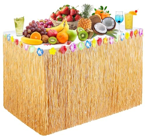 YUYWWAN Hawaii Party Tischröcke, Blume Gras Tischrock 270 x 75cm Party Dekoration, Sommertischrock Partytischrock für Sommer Beach Garden Poolparty Luau Party Outdoor Strandparty (Gelb)