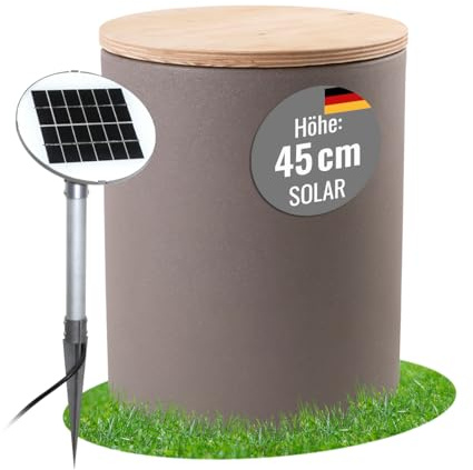 8 seasons design Beistelltisch Garten Solar 45 cm, Shining Drum (taupe), LED warmweiß, Dämmerungssensor – wetterfest – für außen, inkl. Holz-Deckel – Pflanzentopf, Getränkekühler