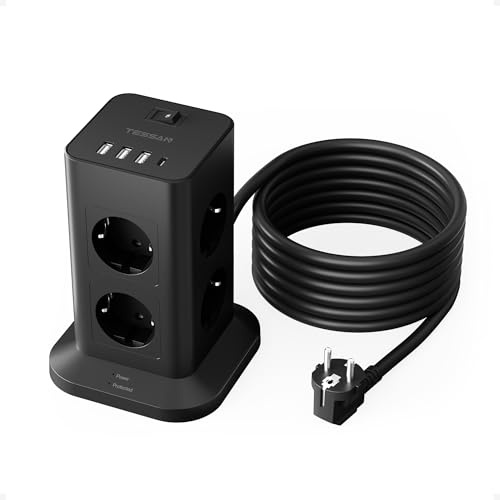 TESSAN Torre Regleta Enchufes con 3 USB A 1 USB C，5M Extension Cord，Negra | Extension Electrica con Interruptor, Protección Sobretensión，3600W, Para Oficina Casa