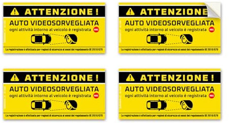 Adesivi per auto Videosorvegliata, avviso videosorveglianza specifico per veicoli, in italiano, mis. 12×6 cm - 4 pz.