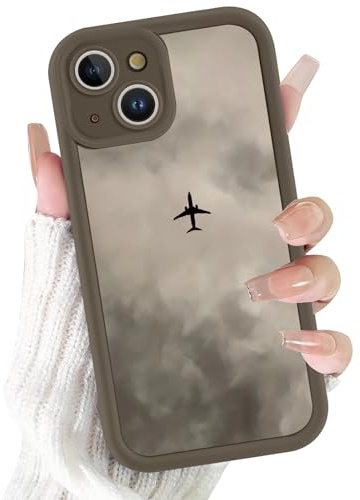 Saqmkil Coque pour iPhone 15 6,1, Aesthetic Avion Motif Mignon Étui Filles Femmes Dessin Case, Mince Silicone Souple TPU Bumper Housse Antichoc Protection Cover pour iPhone 15, Marron
