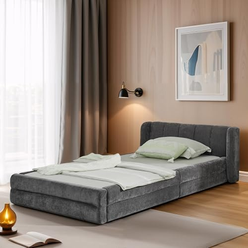 Bladez Einzelbett 90x200 cm mit Kopfteil - Chenille Polster, Robustes Gestell, hohe Stabilität, ergonomisch, minimalistisches Design, platzsparend,Dunkelgrau (ohne Matratze)