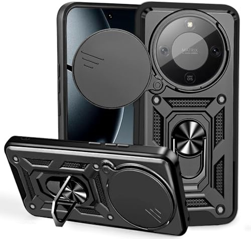 YSONCHAN Hülle für Honor Magic8 Lite/Magic 8 Lite/X9D, Schutzhülle mit Stoßfeste Objektiv Cover, Bumper Handyhülle mit Magnetring und Dreh Ständer, Robuste Hülle. Schwarz