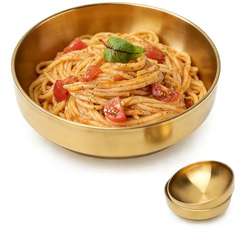 LOMUG 1800ml Hochwertige Doppelwandige Große Salatschüssel aus Edelstahl, 2 Stück/Set, Wärmeisolierte und Verbrühungssichere Suppenschüssel mit Großem Fassungsvermögen, Gold