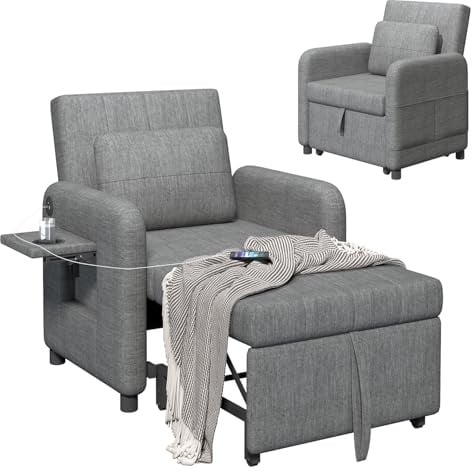 DSNAPE Schlafsessel mit Bettfunktion, Sessel mit Schlaffunktion, Ausziehbares Schlafsofa mit Verstellbare Rückenlehne, USB/Typ-C und Getränkehalter, Grau