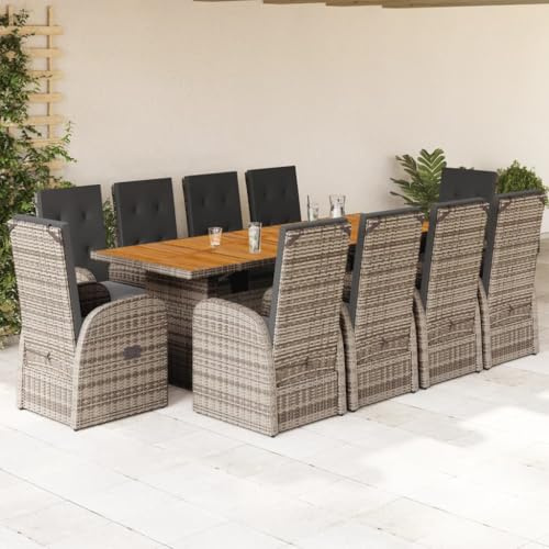 KKHOMEI Gartenmöbel Set 10 Verstellbare Hochlehner Stühlen mit Tisch Rattan Essgruppe 10 Personen Garten Sitzgruppe Grau Terrassenmöbel Außen mit Auflagen Sitzgarnitur