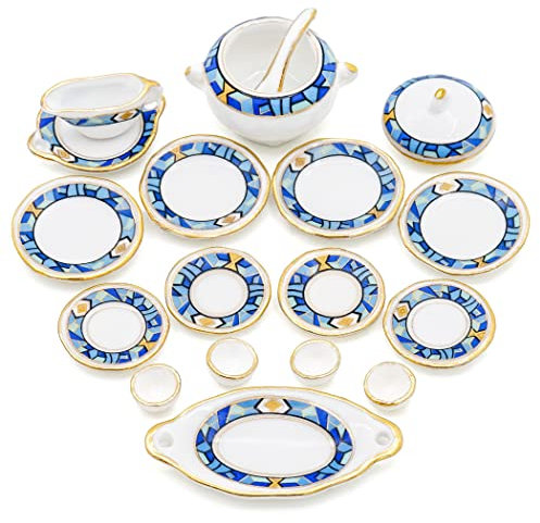 Odoria 1/12 Miniatura 17PZ Vajilla Porcelana con Chintz Azul Cocina Accesorio para Casa de Muñecas