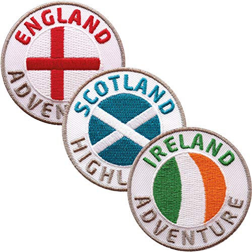 3er Set England + Schottland + Irland Abzeichen 60 mm gestickt/UK Großbritannien Aufnäher Aufbügler Sticker Flicken Bügelbild Patch/Reiseführer Flagge Fahne Flagg Karte Wandern Wanderführer Wales