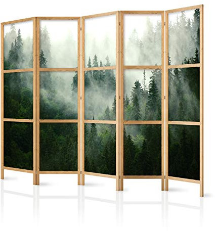 murando - Paravent Innen Raumteiler Holz Wald Landschaft Nebel 225x172 cm 5-teilig Japanische Trennwand Raumtrenner Room Divider Mobiler Sichtschutz Spanische Wand Abtrennung Japan c-B-0443-z-c