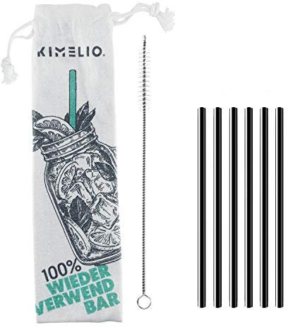 KIMELIO 304 Strohhalme Edelstahl [6 Dünne Trinkhalme Wiederverwendbar + Reinigungsbürste & Baumwollbag] Edelstahl Trinkhalme, Metall Strohhalm, Umweltfreundlich, BPA frei, Schwarz