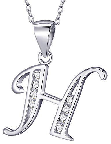 MASADA 925 Silber Buchstaben-Halskette - Initialen-Anhänger mit Zirkonia-Steinen - Buchstabe H - 46 cm Kette mit Samtbeutel