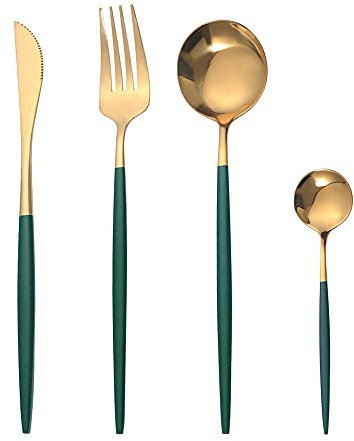 OUQIWEN Juego de cubiertos, 8 piezas juego de cubiertos de acero inoxidable verde y dorado de, Juego de cubiertos de oro verde,Incluyendo cuchillo/tenedor/cuchara/cucharadita,para 2 personas