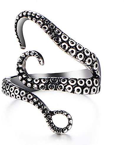 Chereda Punk Pirat Octopus Tentakel S-förmiger verstellbarer Öffnungsring Tiefsee Tintenfisch Edelstahlring für Männer Frauen, Edelstahl