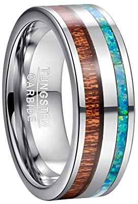 TUNGSTORY 8mm Ringe für Unisex Herren Wolframkarbid Ring Eingelegt mit Grünem Synthetischer Opal und Hawaiianischem Koa-Holz Verlobungsring Komfort Fit Größe 54.4(17.3)