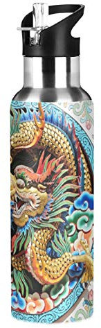 Vnurnrn Mignon Chine Cadeau Animal Dragon Bouteille d'eau Isotherme avec Paille en Acier Inoxydable Gourde 600ML, Sans Bpa Gourdes Eau pour Enfant Sport Randonnée École Bureau