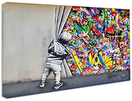 Wandbilder Bilder Banksy like - Junge hinter dem Vorhang - Wandbild auf Leinwand, hochwertige Streetart graffiti Kunstdruck I Wanddekoration XXl fertig zum Aufhängen (90x130 cm)