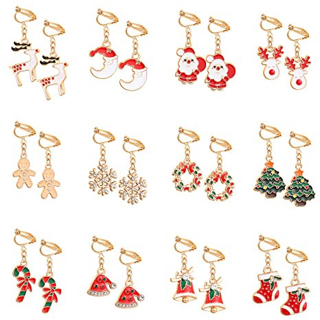 HIFOT 12 Paar Weihnachten Ohrclips Set für Damen Mädchen Kinder, Weihnachtsbaum Weihnachtsmann mütze Rentier Schneeflocke Glocke Clip Ohrringe Schmuck Kinderohrringe Geschenk Partyzubehör
