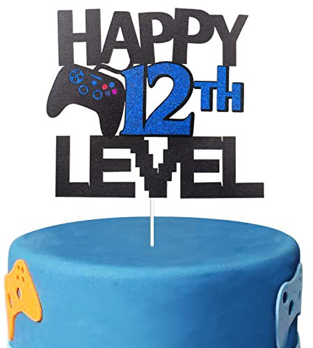 Video Game Cake Topper For Happy 12th Level Birthday Decoration - Glitter Happy 12th Birthday Video Game Cake Topper - Gamer Levle 12th Unlocked Birthday Party Cake Decorations