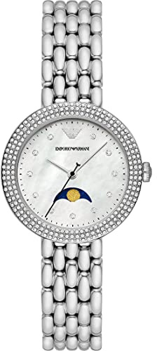 Emporio Armani Damen, Moonphase Edelstahluhr, 32 mm Gehäusegröße mit Edelstahlarmband