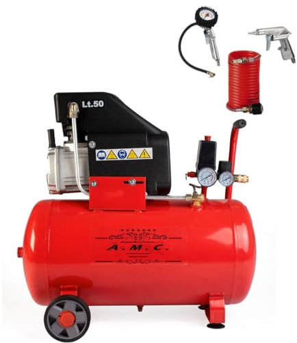 AMC Compressore ad aria da 50 litri pressione 8 bar elettrico coassiale 2 Hp incluso Kit Accessori salva spazio motore potente termicamente silenziato protetto con Carcassa esterna in alluminio