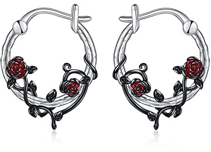 POPLYKE Sterling Silber Rot Schwarz Rose Blume Hoops Ohrringe Klein Huggie Ohrringe Schmuck Geschenk für Frauen