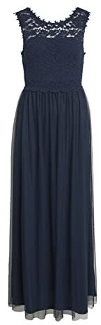 Vila Damen Maxi Kleid VILynnea langes Trägerkleid Abendkleid mit Spitze 14052673 Total Eclipse 34