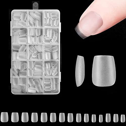 Extra Short Coffin Nail Tips - ZAHRVIA 360Pcs Upgraded Matte No File Full Cover Gel Nail Tips, Pre-shaped Clear Acrylic False for DIY Press On Nails 15 Sizes